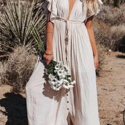 Levency New In Button Drawstring Waist Bat Maxi Cover Dress