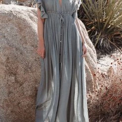 Levency New In Button Drawstring Waist Bat Maxi Cover Dress