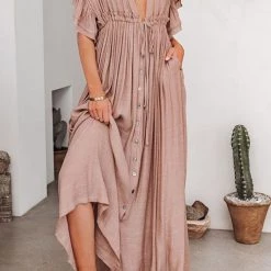 Levency New In Button Drawstring Waist Bat Maxi Cover Dress