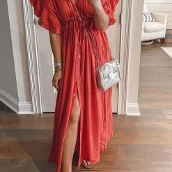 Levency New In Button Drawstring Waist Bat Maxi Cover Dress