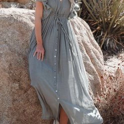 Levency New In Button Drawstring Waist Bat Maxi Cover Dress