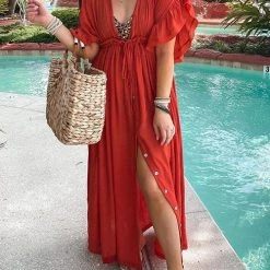 Levency New In Button Drawstring Waist Bat Maxi Cover Dress