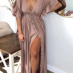 Levency New In Button Drawstring Waist Bat Maxi Cover Dress