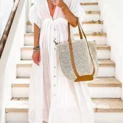 Levency New In Button Drawstring Waist Bat Maxi Cover Dress