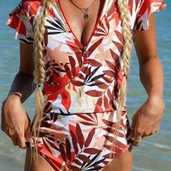 Levency Ruffle Sleeve Zipper One Piece Swimwear