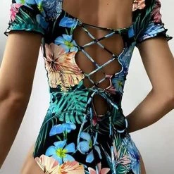 Levency Lace Backless Short Sleeve One Piece Swimwear New In