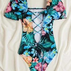 Levency Lace Backless Short Sleeve One Piece Swimwear New In