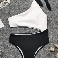 Levency Tie Color Block One Shoulder Swimwear New In