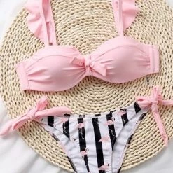 Levency New In Ruffles Stripe Knot Bikini Set