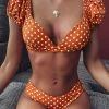 Levency New In Dot V Neck Puff Sleeve Bikini Set