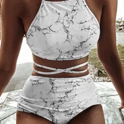 Levency New In Marbling Halter Neck Backless Bikini Set