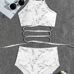 Levency New In Marbling Halter Neck Backless Bikini Set