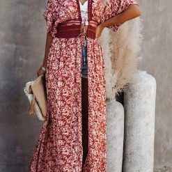 Levency Floral Lace Waist Maxi Kimono