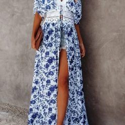 Levency Floral Lace Waist Maxi Kimono