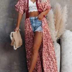 Levency Floral Lace Waist Maxi Kimono