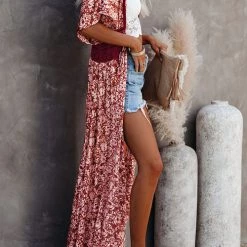 Levency Floral Lace Waist Maxi Kimono