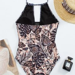 Levency Leaf Mesh Halter Neck One Piece Swimwear New In