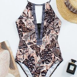 Levency Leaf Mesh Halter Neck One Piece Swimwear New In