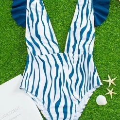 Levency Zebra Stripe Ruffle Plunging One Piece Swimwear