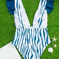 Levency Zebra Stripe Ruffle Plunging One Piece Swimwear