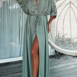 Levency Single Breasted Drawstring Cover Maxi Dress