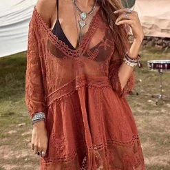 Levency Pom Pom Trim Contrast Mesh Cover Up New In