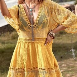 Levency Pom Pom Trim Contrast Mesh Cover Up New In