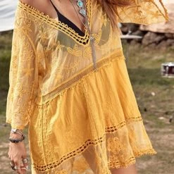 Levency Pom Pom Trim Contrast Mesh Cover Up New In