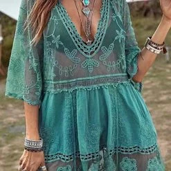 Levency Pom Pom Trim Contrast Mesh Cover Up New In