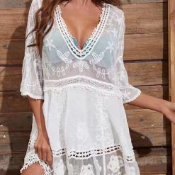 Levency Pom Pom Trim Contrast Mesh Cover Up New In