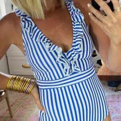 Levency Ruffles Striped One-piece Swimsuit