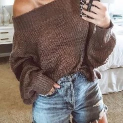 Levency Off Shoulder Puff Sleeve Sweater