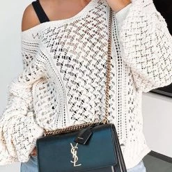 Levency New In Hollow V Neck Puff Sleeve Sweater