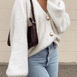 Levency Fuzzy Button V Neck Cardigan