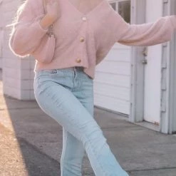 Levency Fuzzy Button V Neck Cardigan