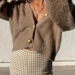 Levency Fuzzy Button V Neck Cardigan