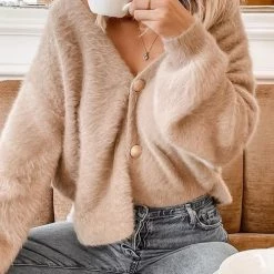 Levency Fuzzy Button V Neck Cardigan