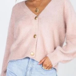 Levency Fuzzy Button V Neck Cardigan