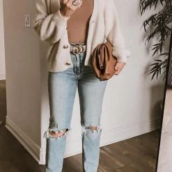 Levency Fuzzy Button V Neck Cardigan