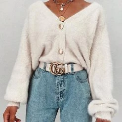 Levency Fuzzy Button V Neck Cardigan