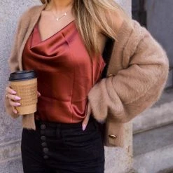 Levency Fuzzy Button V Neck Cardigan