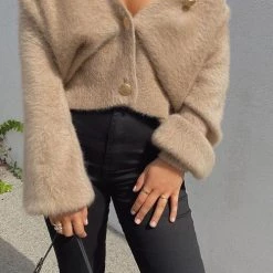 Levency Fuzzy Button V Neck Cardigan