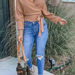 Levency V Neck Backless Crop Sweater