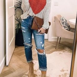 Levency New In Red Heart O Neck Sweater