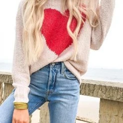 Levency New In Red Heart O Neck Sweater