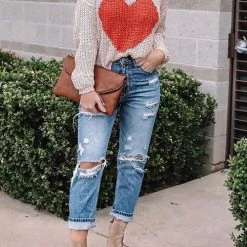 Levency New In Red Heart O Neck Sweater