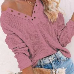 Levency Henley V Neck Waffle Long Sleeve Sweater