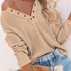 Levency Henley V Neck Waffle Long Sleeve Sweater