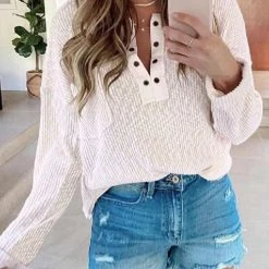 Levency Henley V Neck Waffle Long Sleeve Sweater