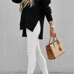 Levency New In High Neck Side Slit Sweater